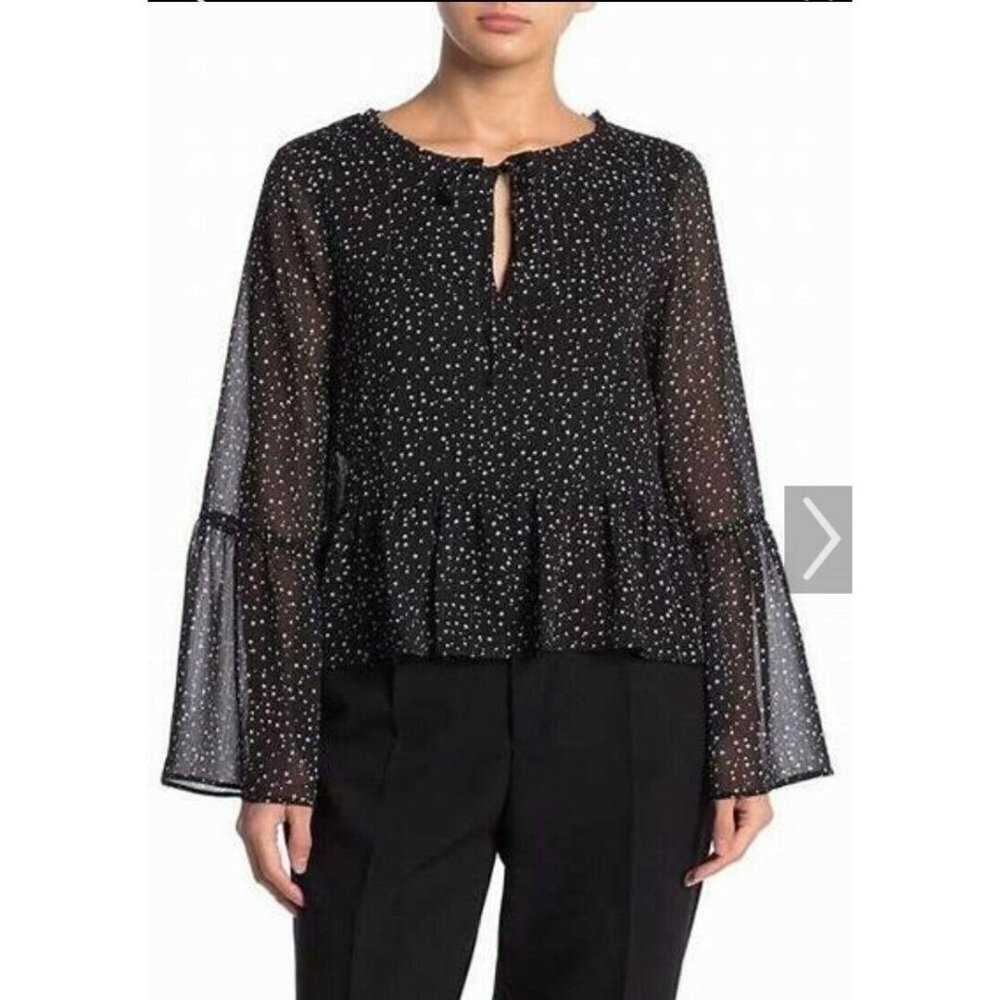 Cupcakes and Cashmere Mandy Blouse Size Small Black W/White Stars Bell Sleeves
